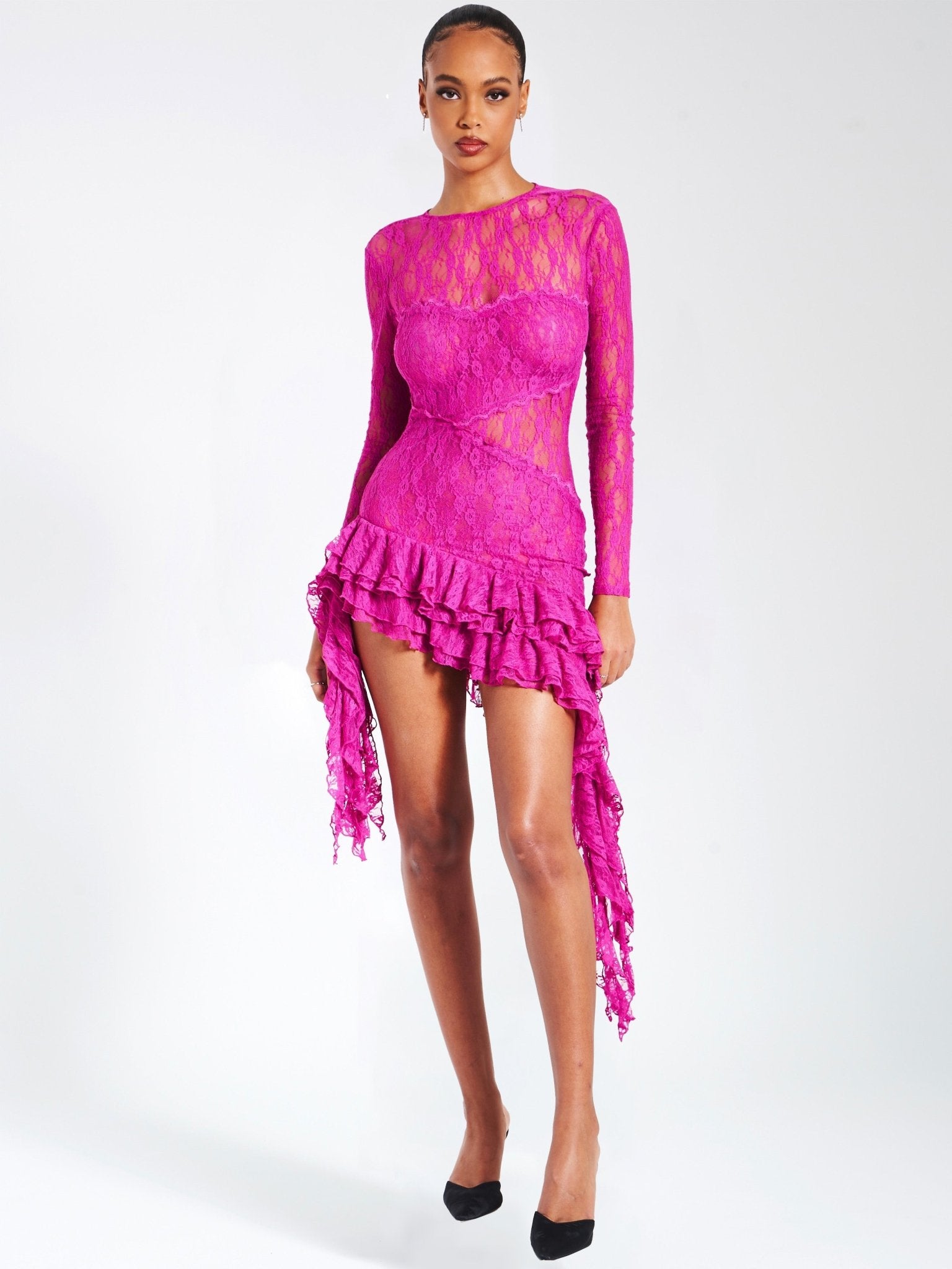 Maira Fuchsia Lace Long Sleeve Ruffle Dress - HOUSE OF SHE