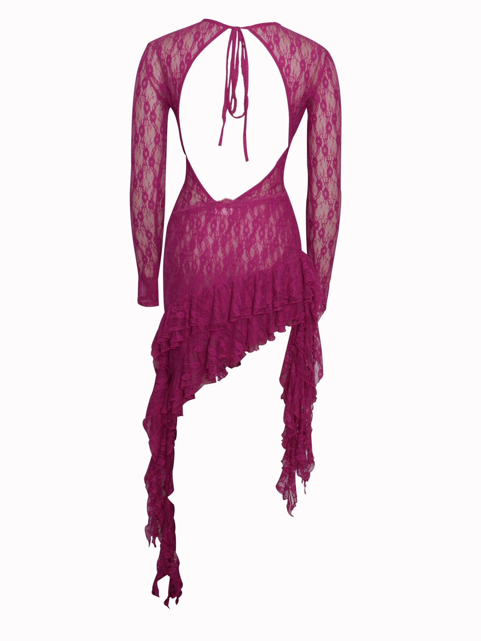 Maira Fuchsia Lace Long Sleeve Ruffle Dress - HOUSE OF SHE