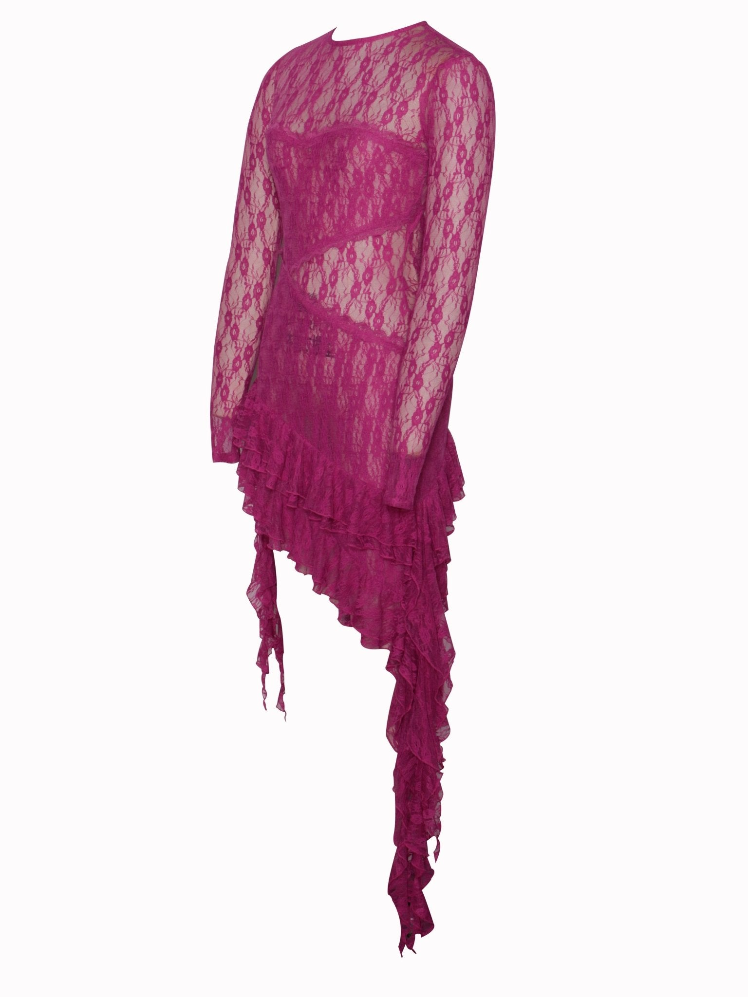 Maira Fuchsia Lace Long Sleeve Ruffle Dress - HOUSE OF SHE