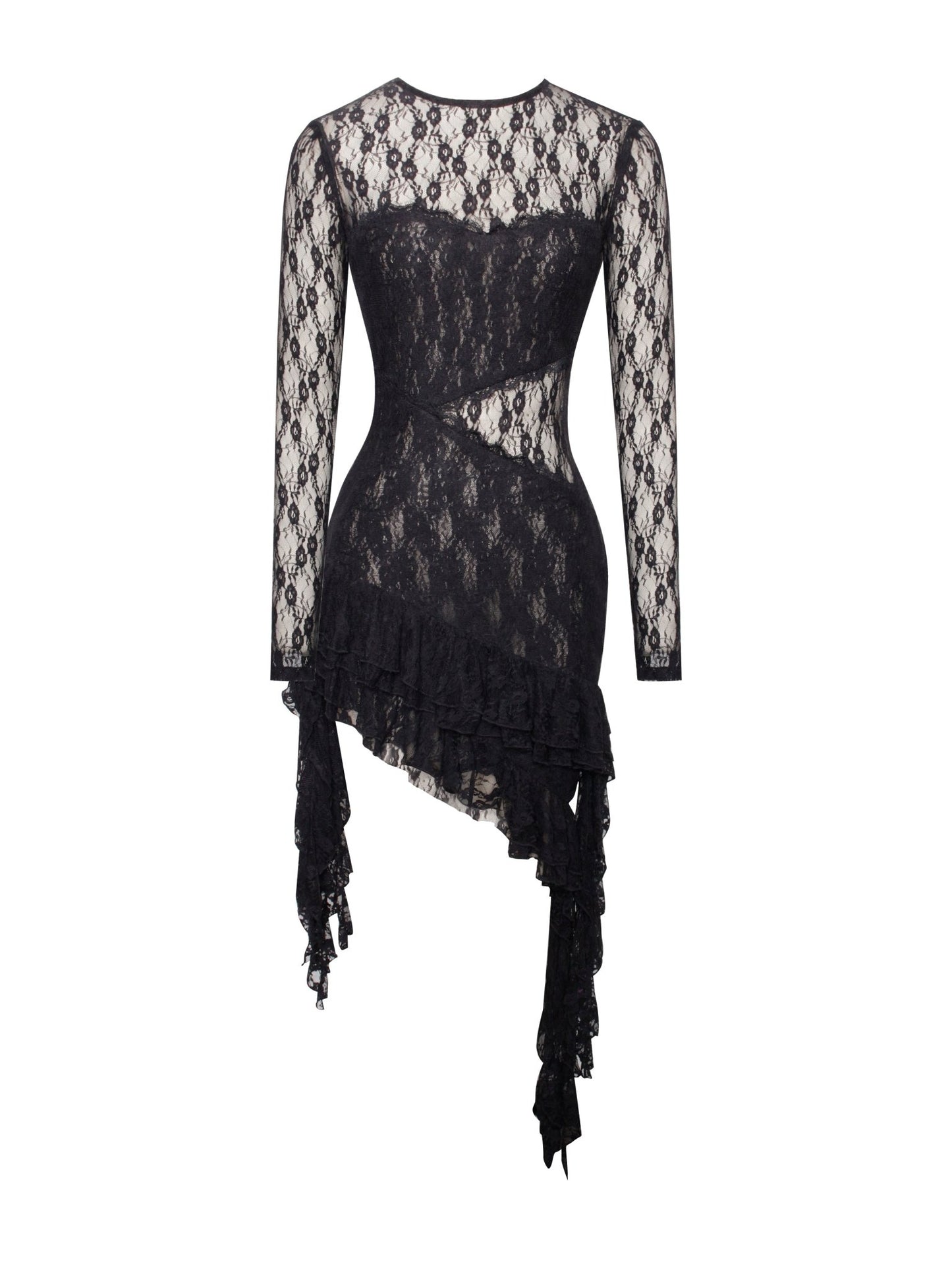Mairah Black Lace Long Sleeve Ruffle Dress - HOUSE OF SHE