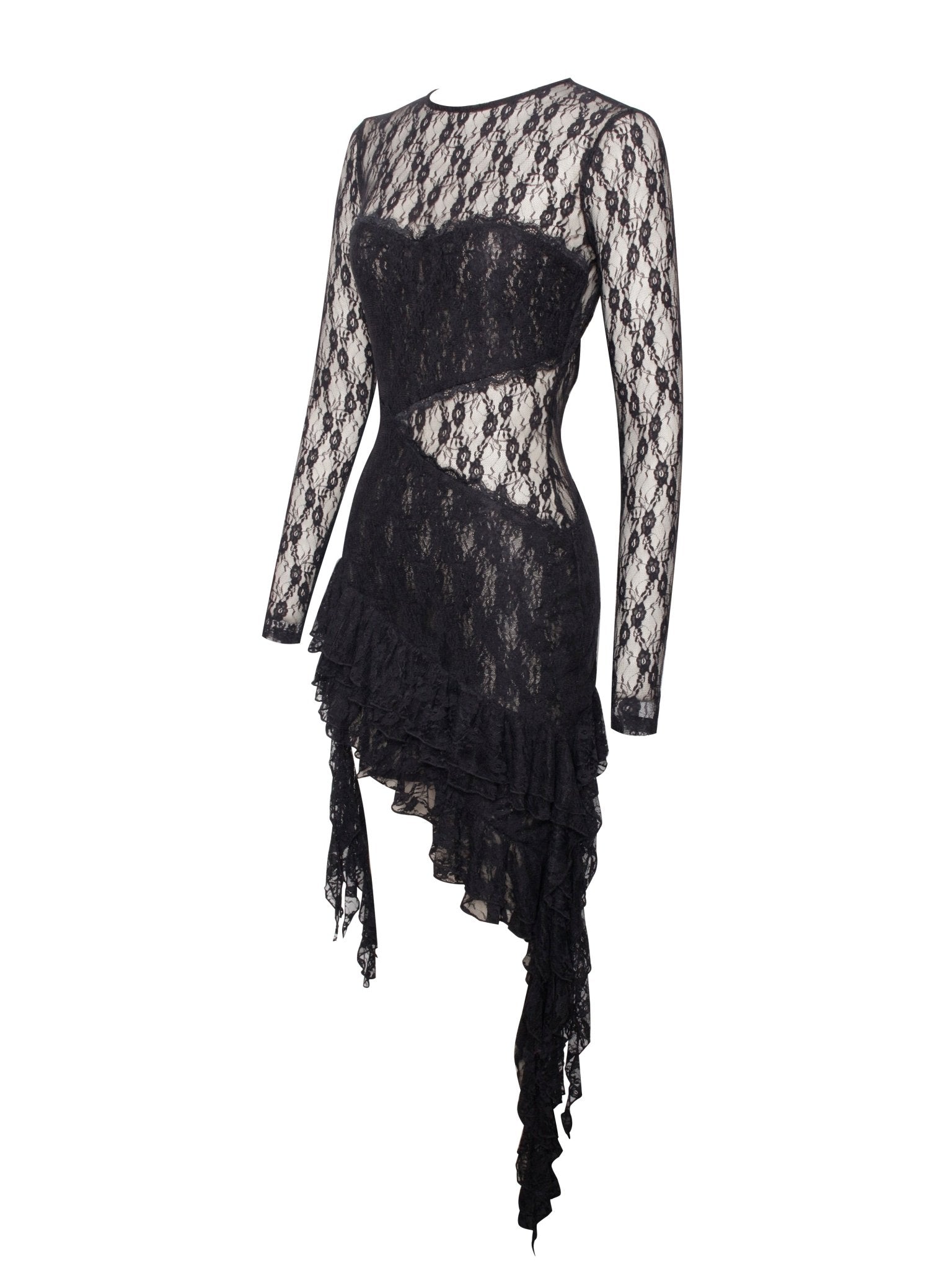 Mairah Black Lace Long Sleeve Ruffle Dress - HOUSE OF SHE