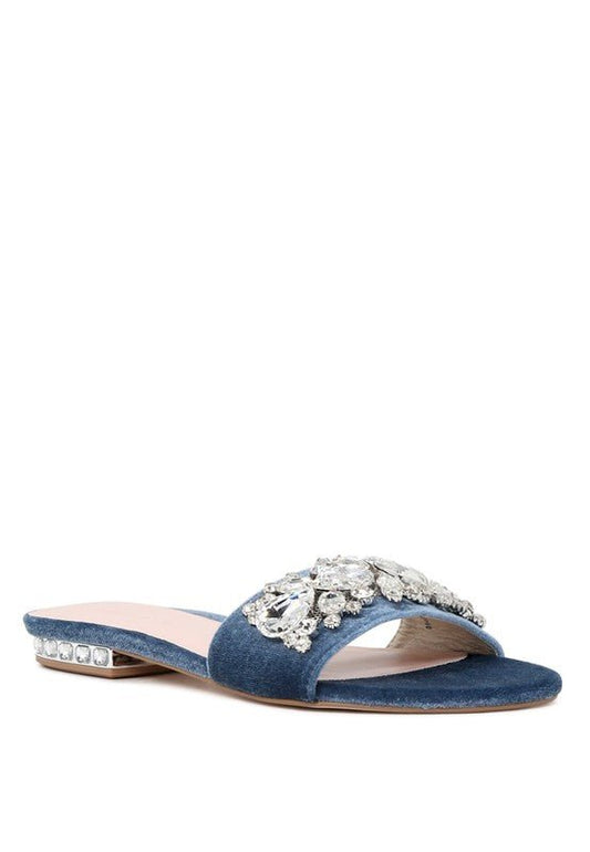 Sally Women's Blue Flat Embellished Sandals - HOUSE OF SHE