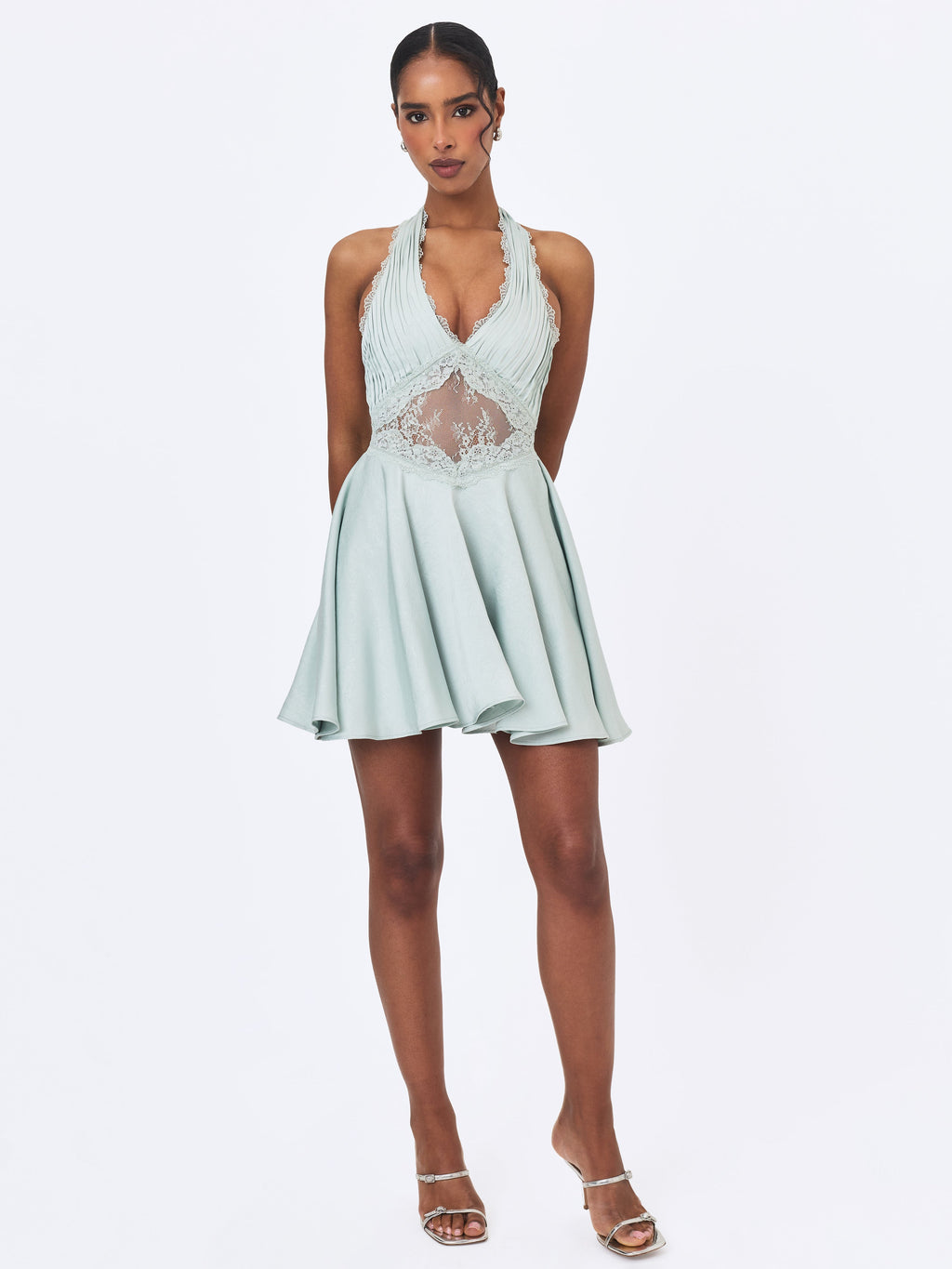 Rianna Light Sage Crinkle Satin Halter Mini Dress