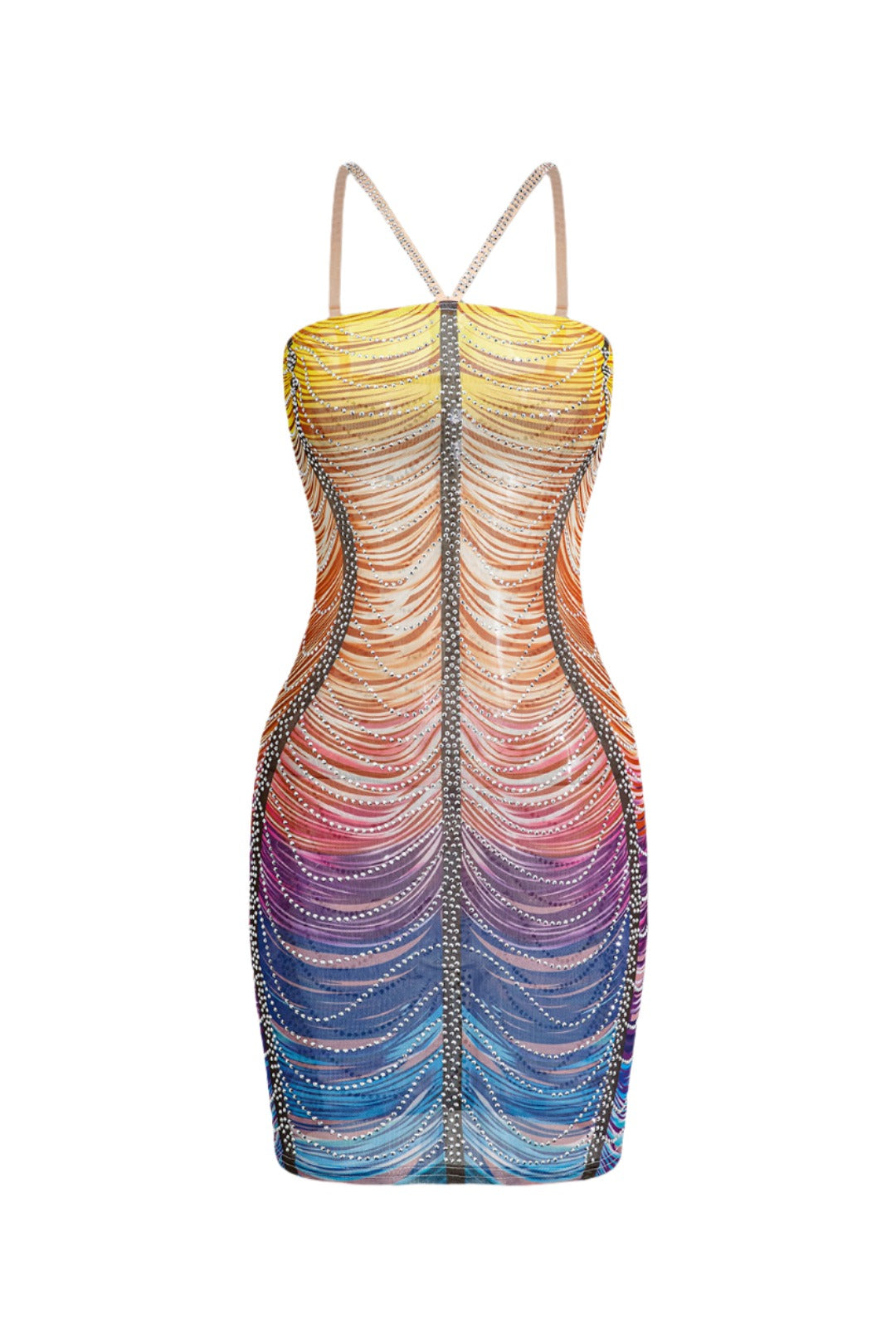 Rainbow Striped Rhinestone Bodycon Mini Dress