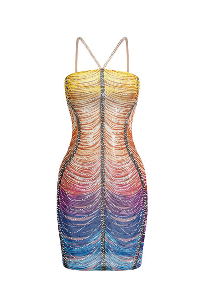 Rainbow Striped Rhinestone Bodycon Mini Dress