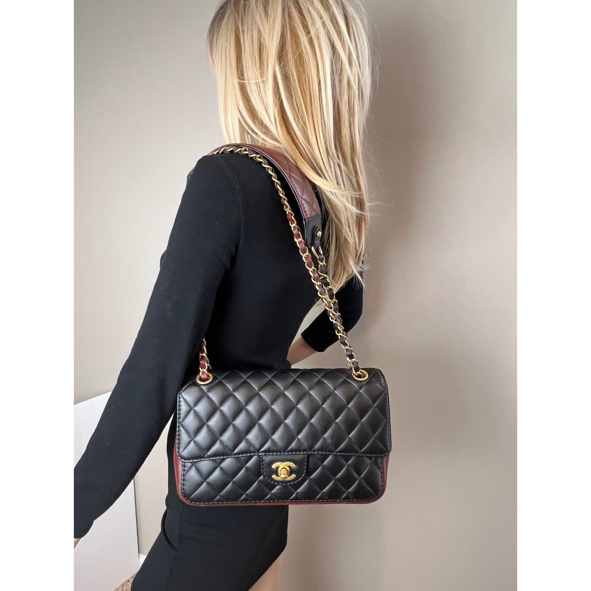 Chanel Calfskin Quilted Strap into Flap Black Burgundy Shoulder Bag - HOUSE OF SHE
