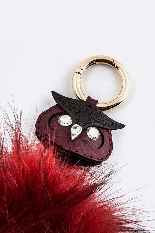 Leather Owl Fur Pom Key Charm - HOUSE OF SHE