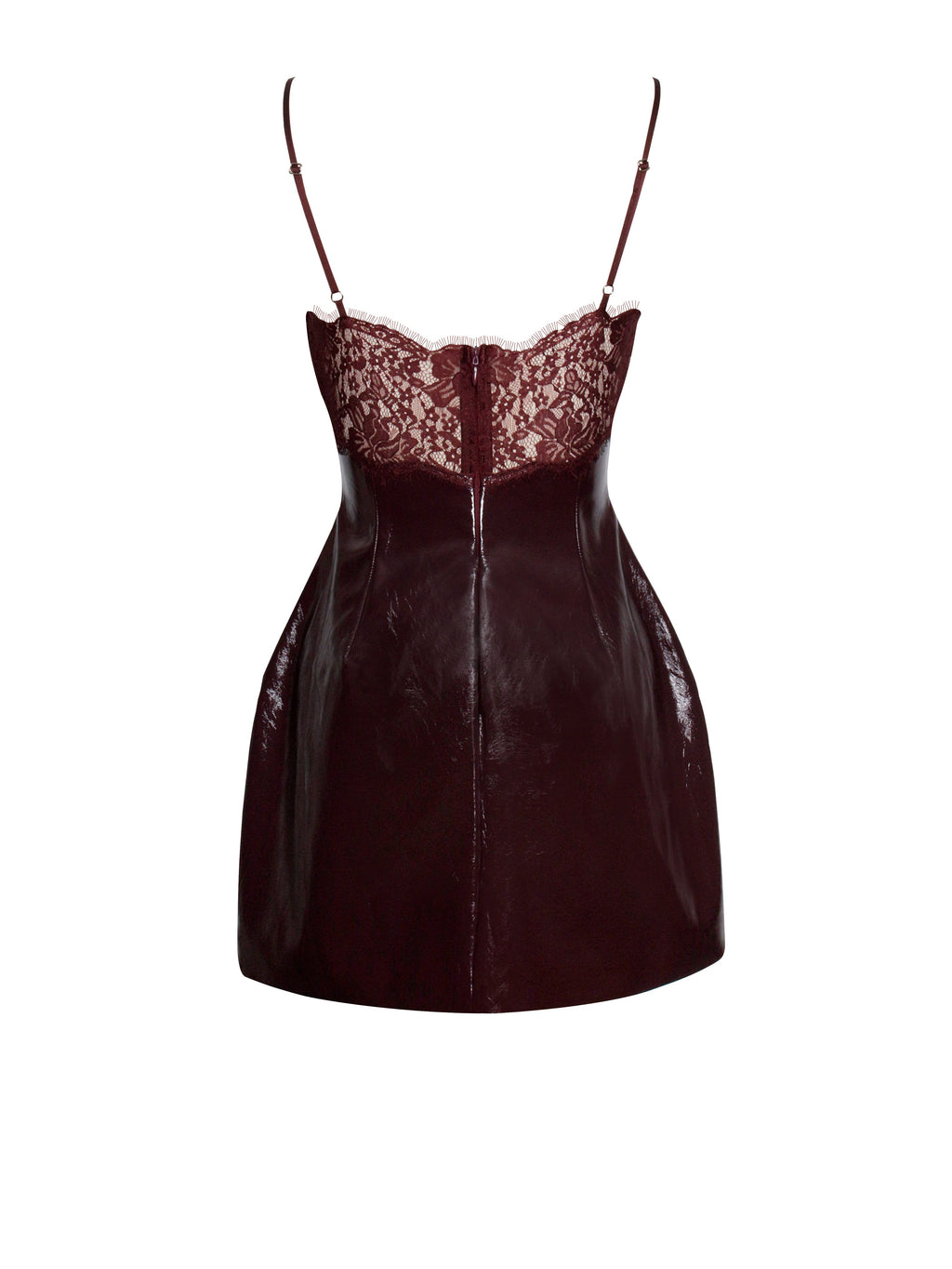 Shelby Dark Brown Vegan Leather with Lace Mini Dress  HOUSE OF SHE