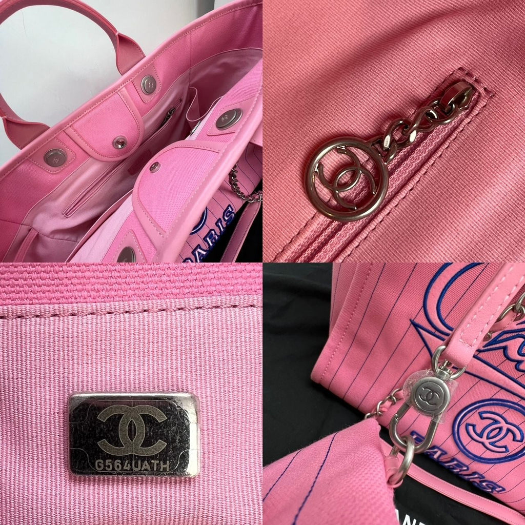 Chanel Canvas Calfskin Striped Medium Deauville Pink Tote - HOUSE OF SHE