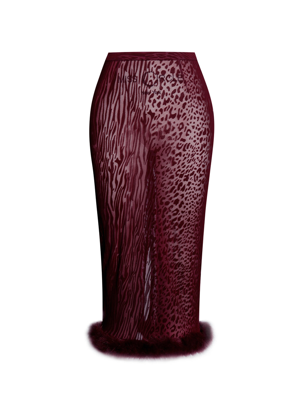 Halia Burgundy Animal Print Burnout Velvet Fur Trim Skirt - HOUSE OF SHE