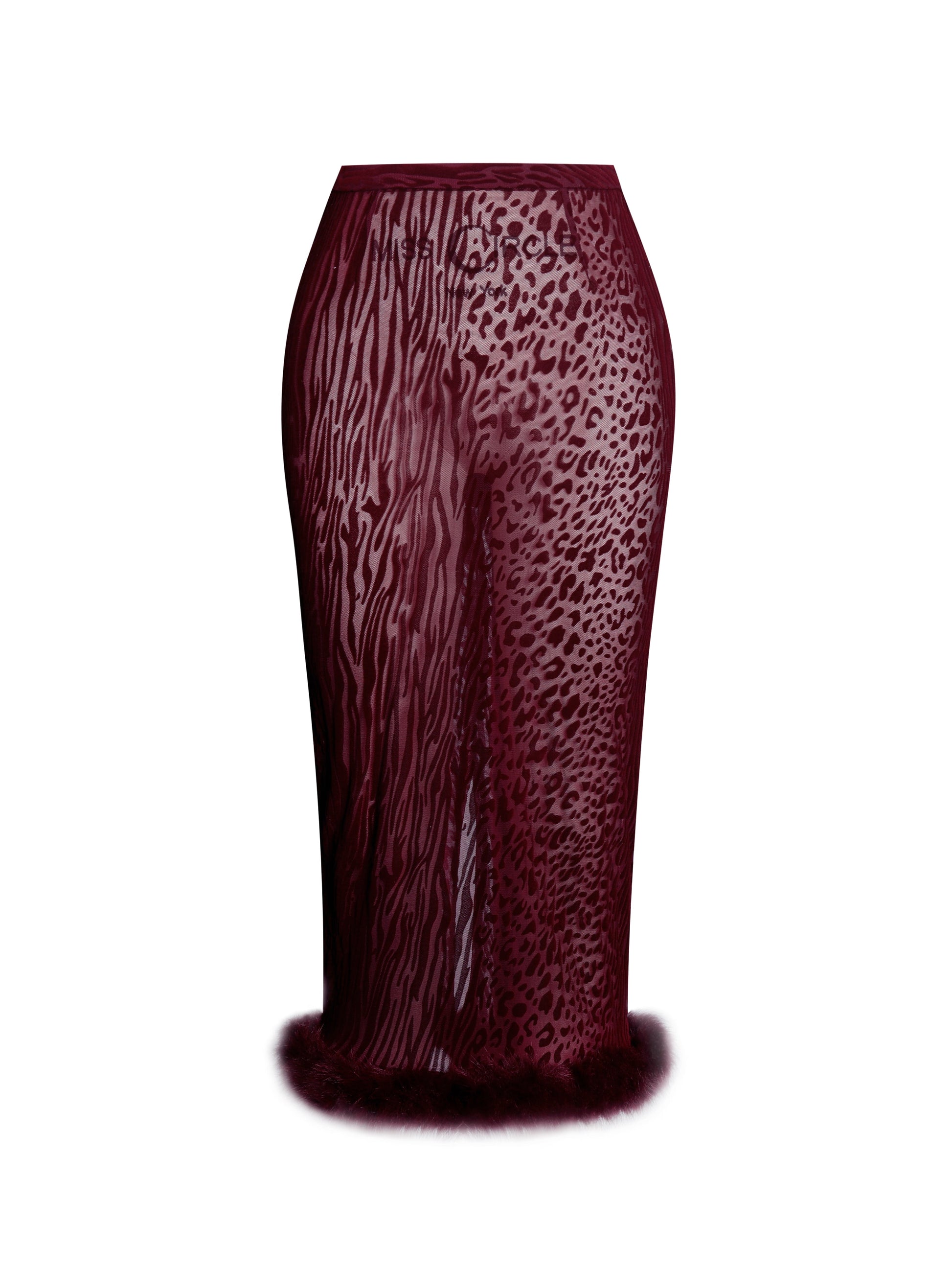 Halia Burgundy Animal Print Burnout Velvet Fur Trim Skirt - HOUSE OF SHE