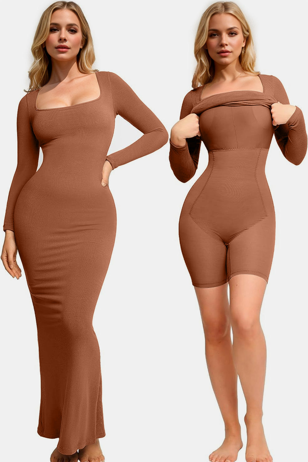 Basic Bae Built-In Shapewear Square Neck Long Sleeve Maxi Dress - HOUSE OF SHE