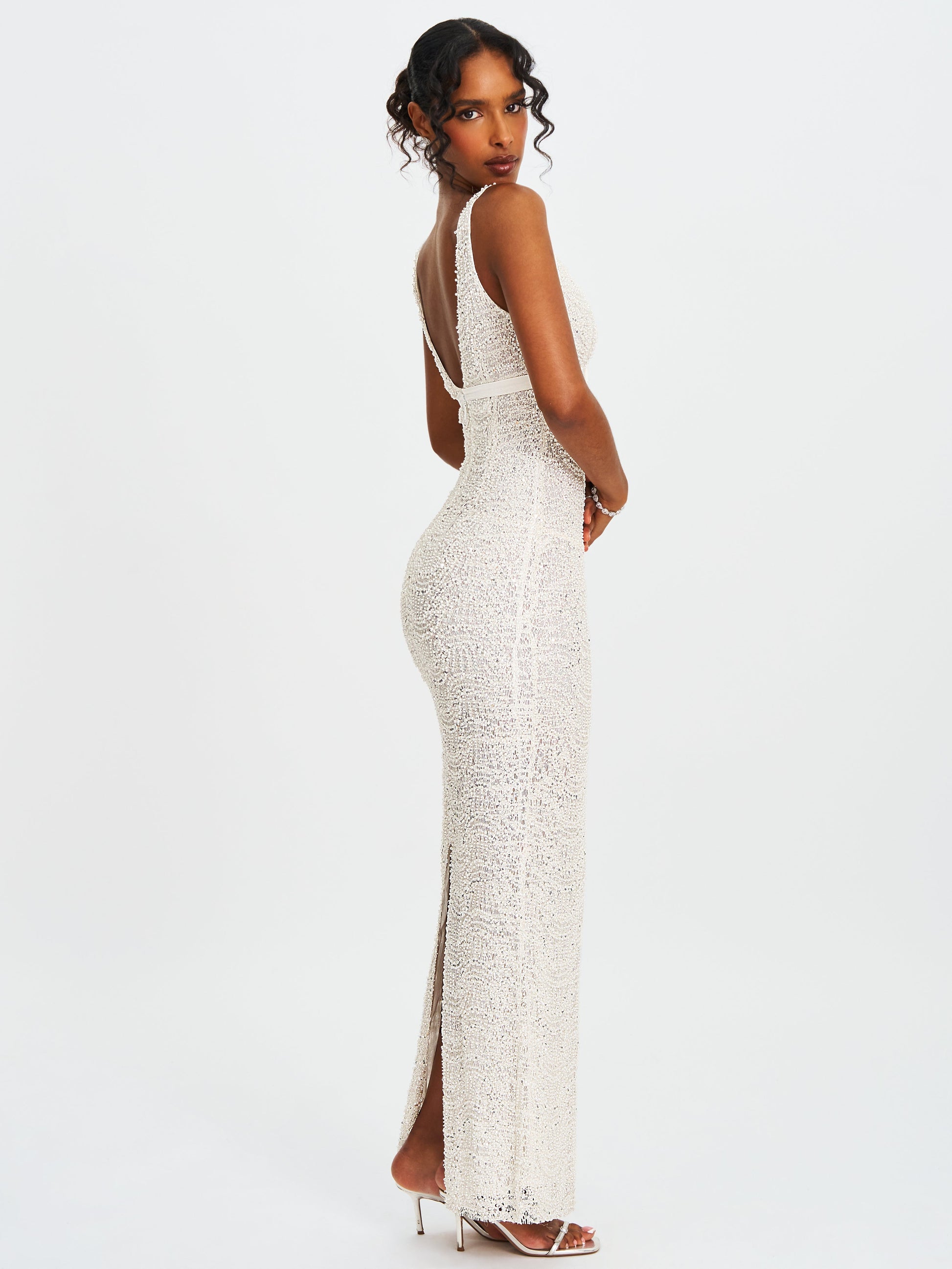 Adelaide White Beaded Sequin Net Bodycon Gown