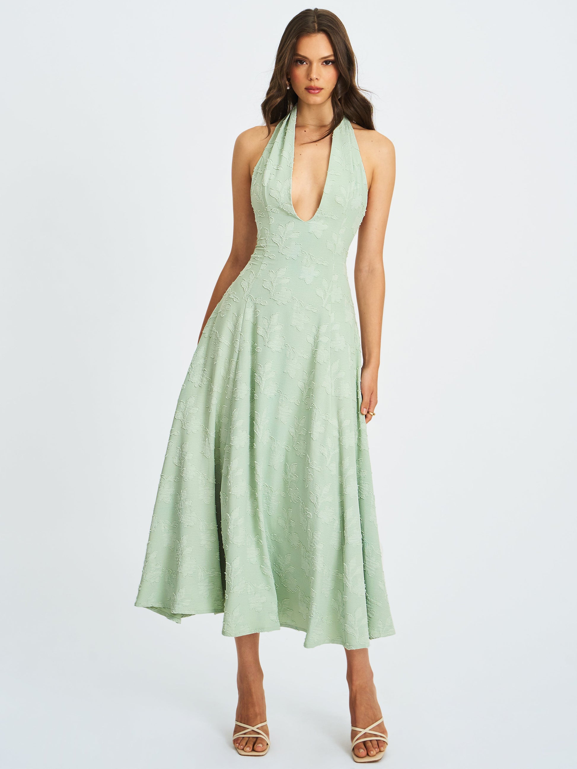 Magda Mint Green Deep V Neck Halter A-line Midi Dress - HOUSE OF SHE