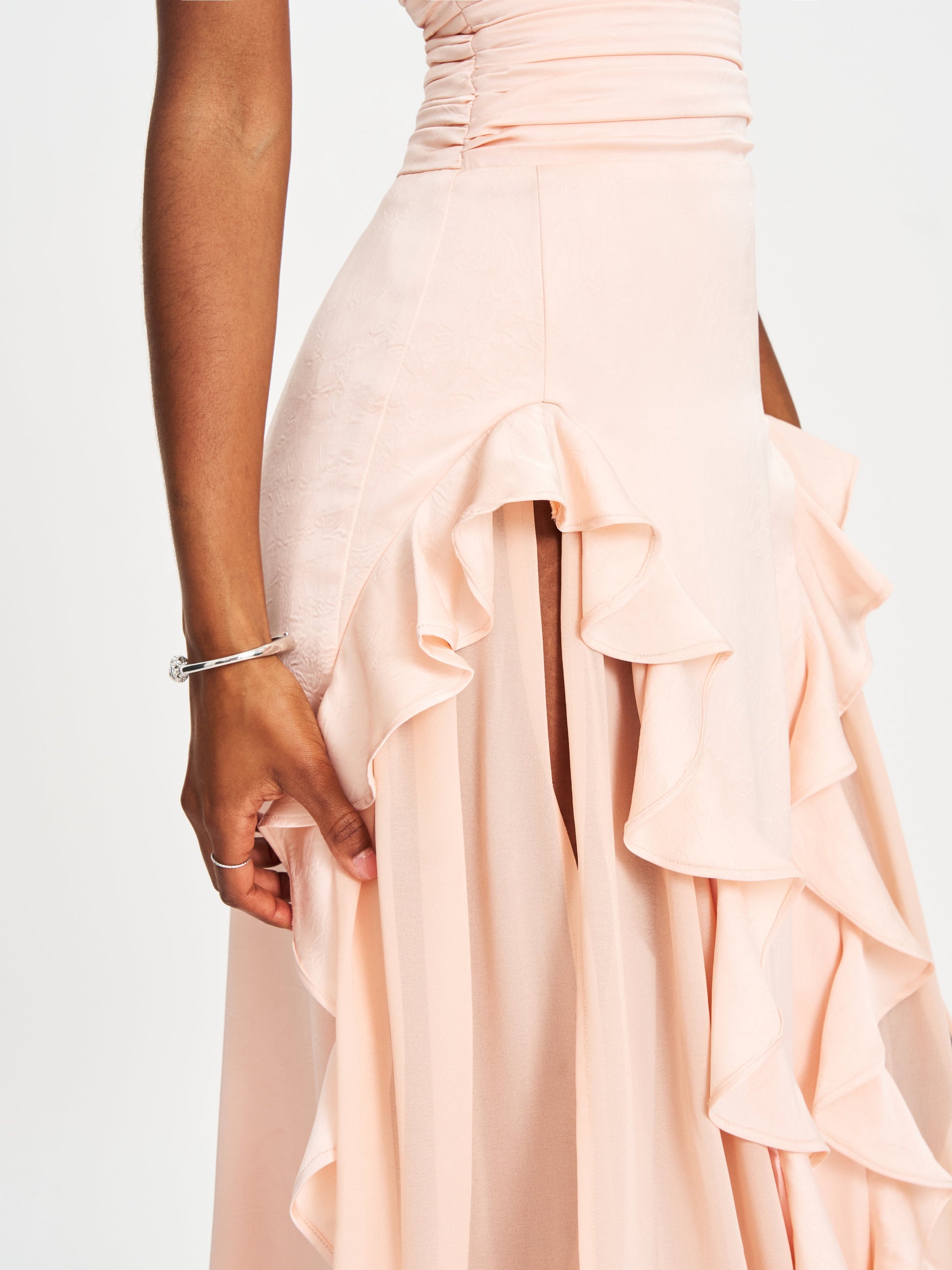Talyssa Baby Pink Ruched Waist Double High Slit Maxi Gown - HOUSE OF SHE