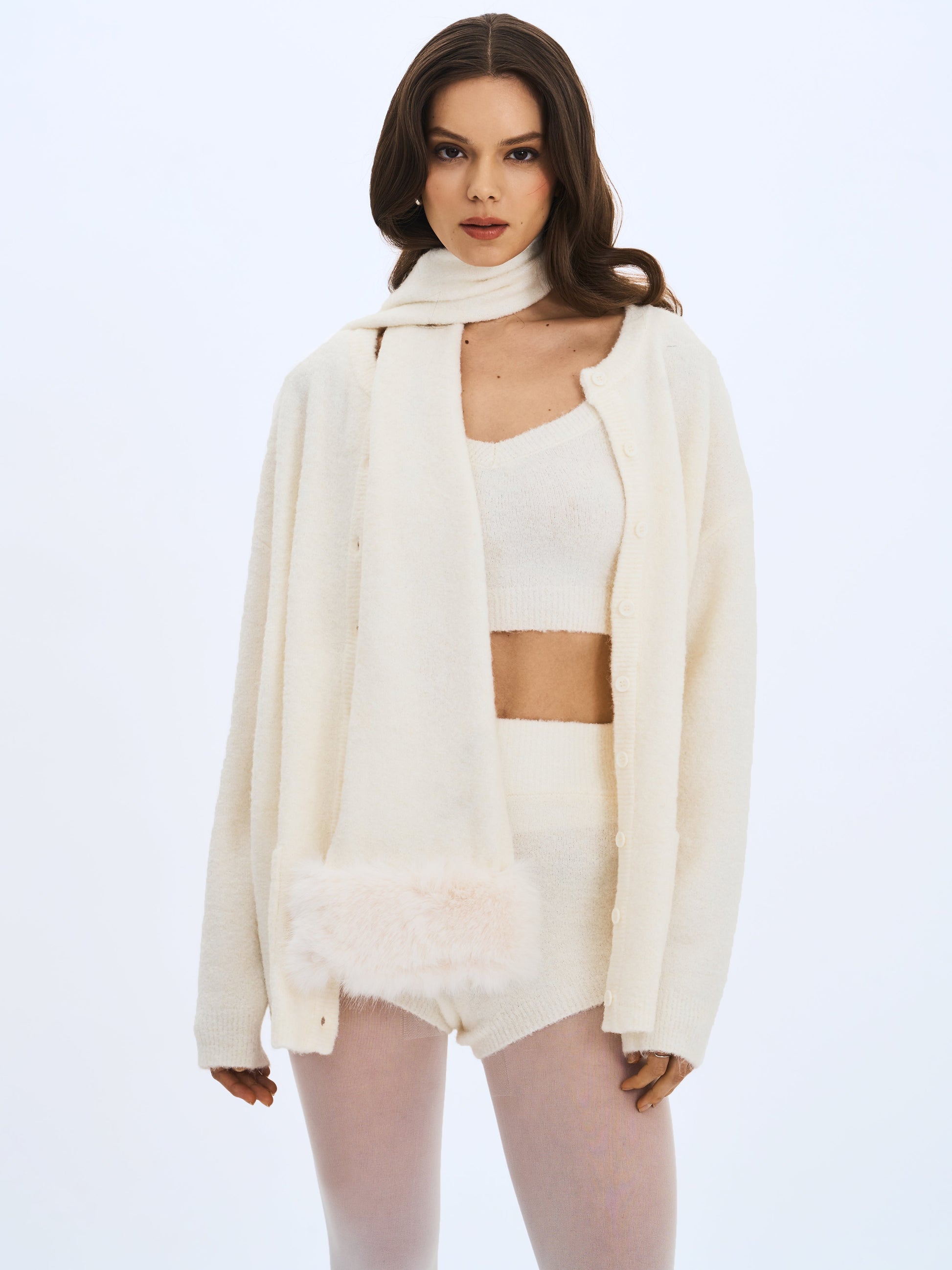 Sera White Wool-Blend Ribbed Knit Mini Shorts