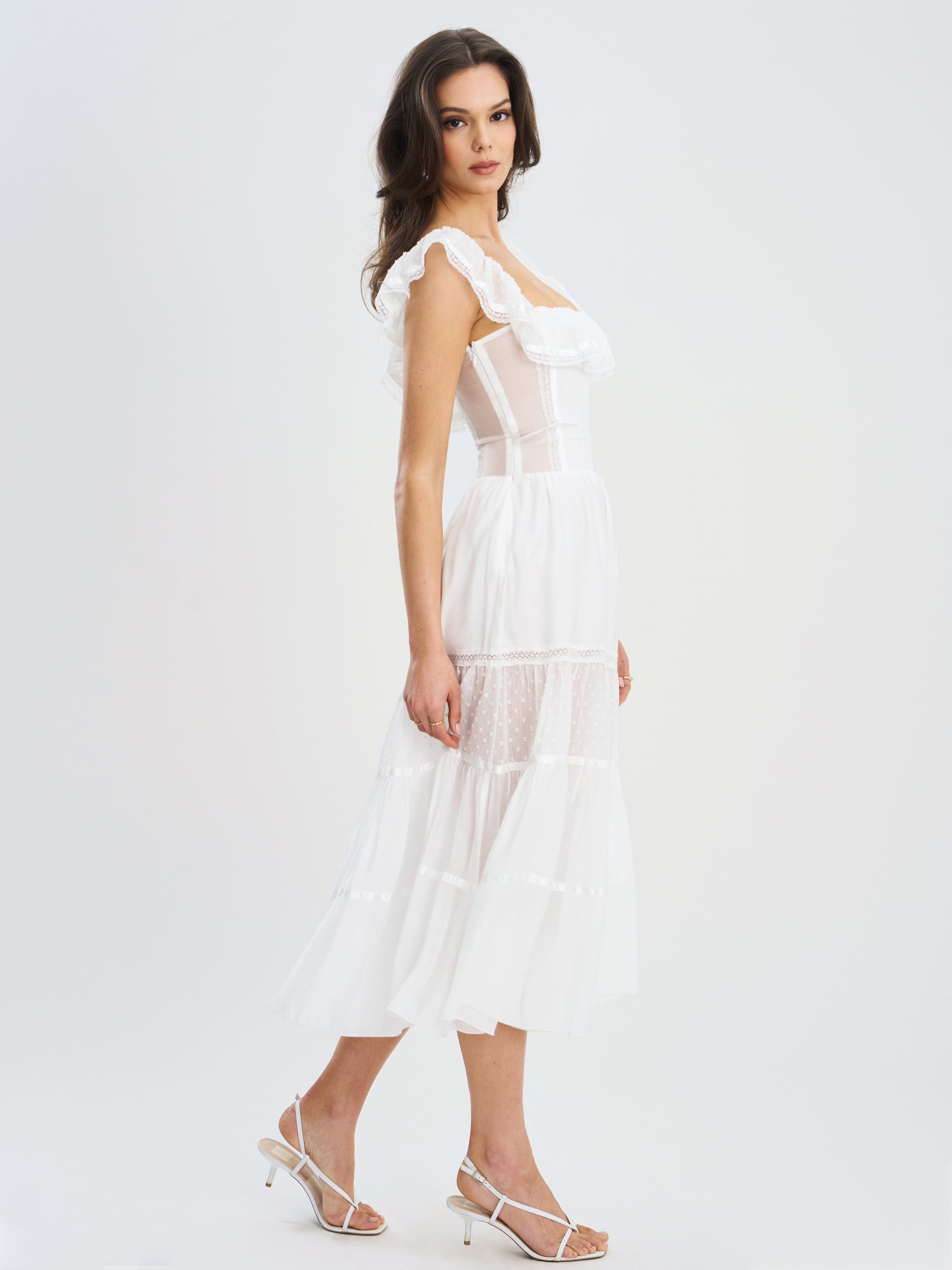 Eden Square Neck Ruffle Trim High Waist Midi Dress - HOUSE OF SHE