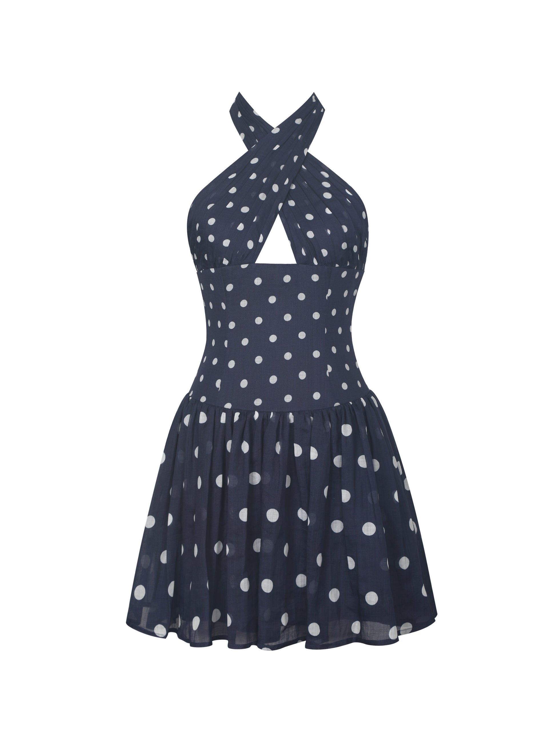Yamina Navy Polka Dot Ramie Crossover Halter Gathered Mini Dress
