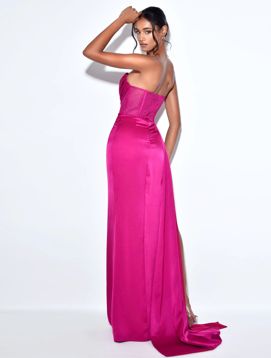 Holly Fuchsia Corset High Slit Satin Gown - HOUSE OF SHE