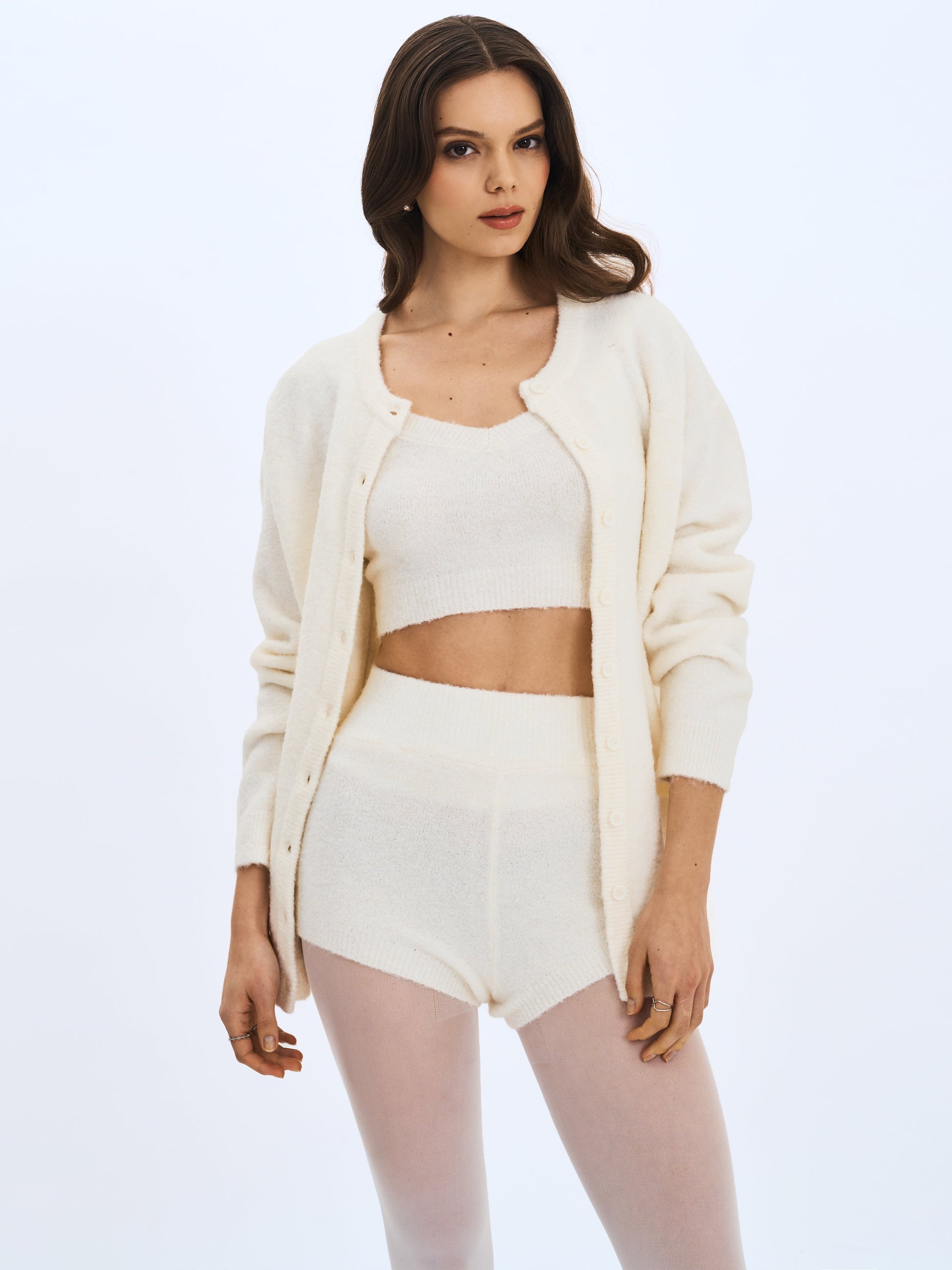 Sera White Wool-Blend Ribbed Knit Mini Shorts