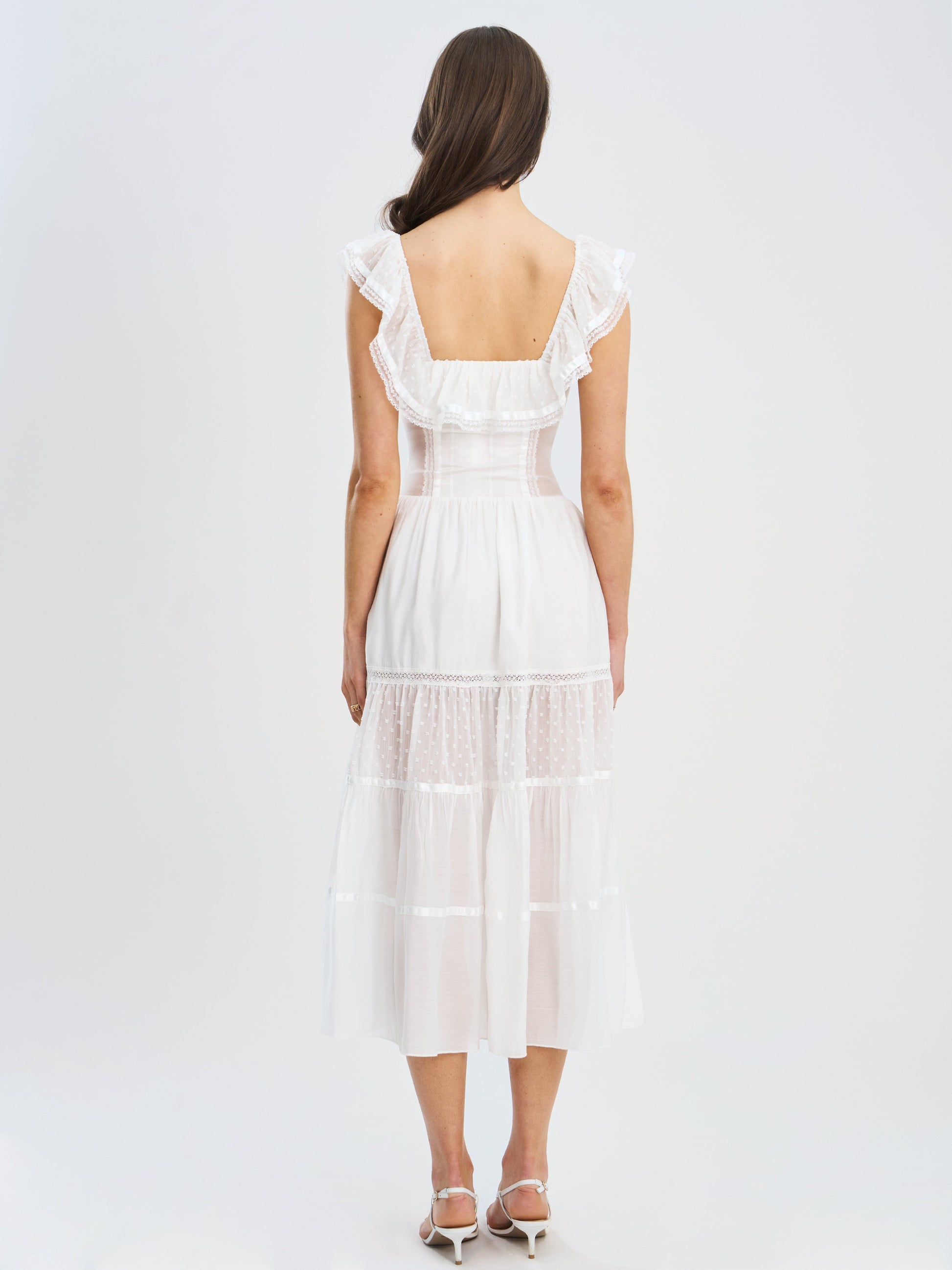 Eden Square Neck Ruffle Trim High Waist Midi Dress - HOUSE OF SHE