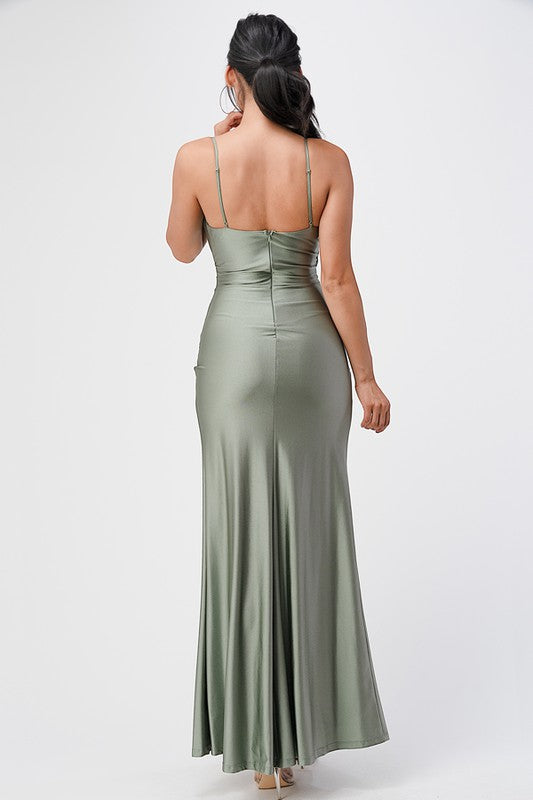 Tara Side Pleat Overlap Gown With Side Opening - HOUSE OF SHE