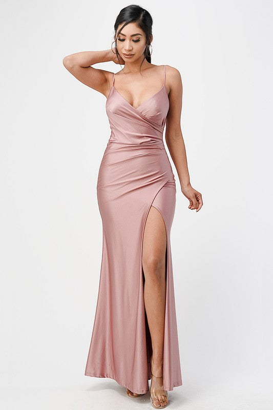 Tara Side Pleat Overlap Gown With Side Opening - HOUSE OF SHE