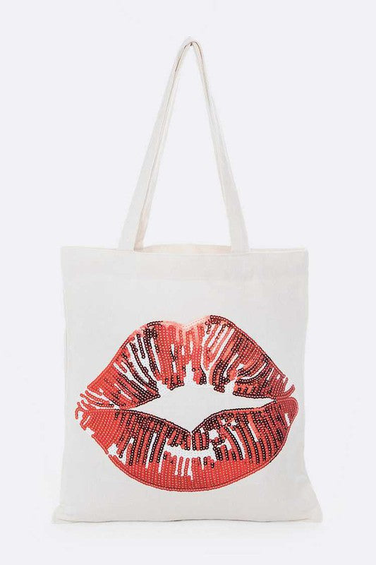 Sequins Lips Cotton Canvas Tote Bag - HOUSE OF SHE