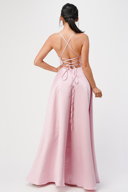 Open Side Back Spaghetti Zig Zag Tie Satin Gown - HOUSE OF SHE