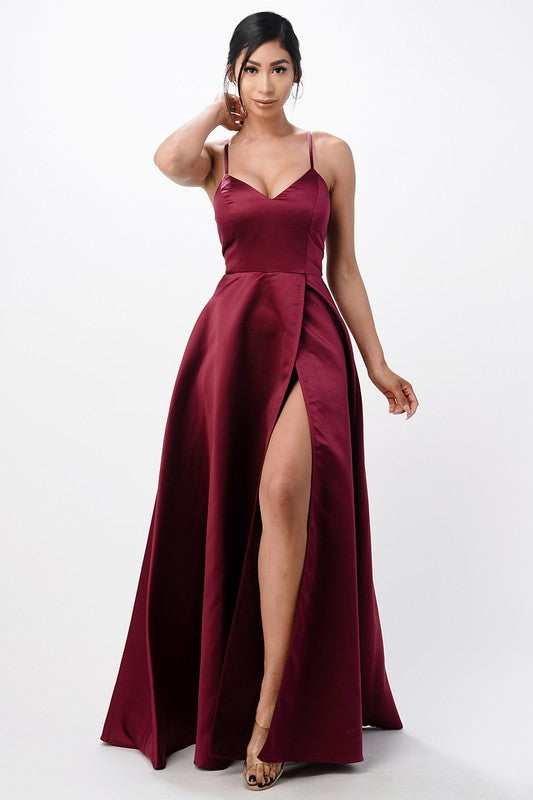 Open Side Back Spaghetti Zig Zag Tie Satin Gown - HOUSE OF SHE