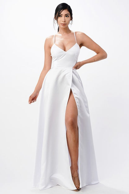 Open Side Back Spaghetti Zig Zag Tie Satin Gown