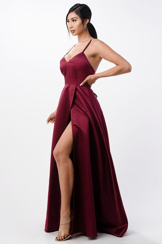 Open Side Back Spaghetti Zig Zag Tie Satin Gown - HOUSE OF SHE