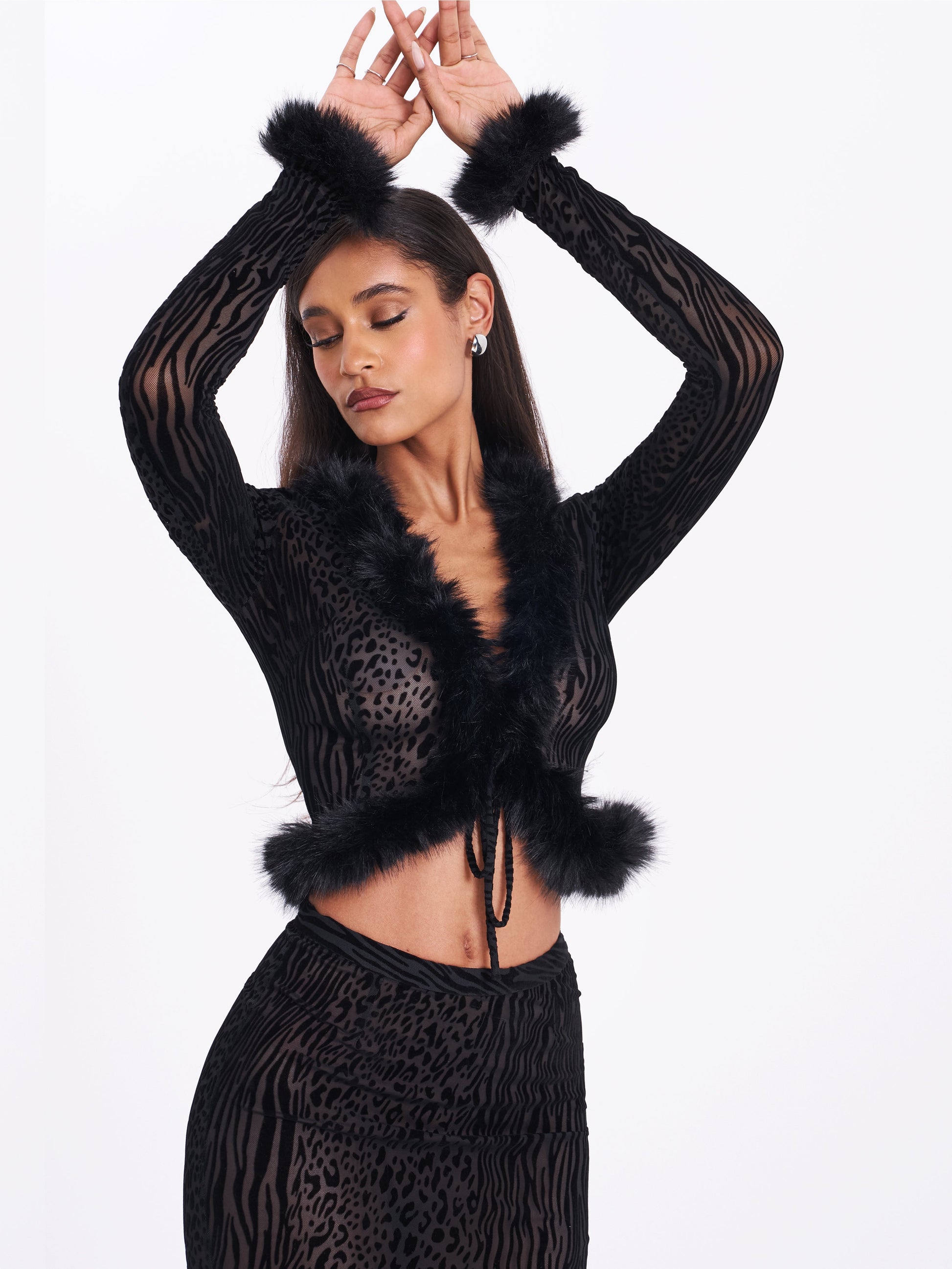 Hali Black Animal Print Burnout Velvet Fur Trim Top - HOUSE OF SHE