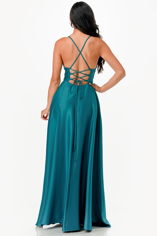 Open Side Back Spaghetti Zig Zag Tie Satin Gown - HOUSE OF SHE