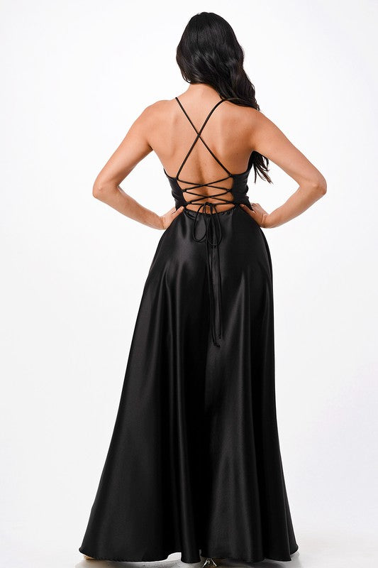 Open Side Back Spaghetti Zig Zag Tie Satin Gown - HOUSE OF SHE