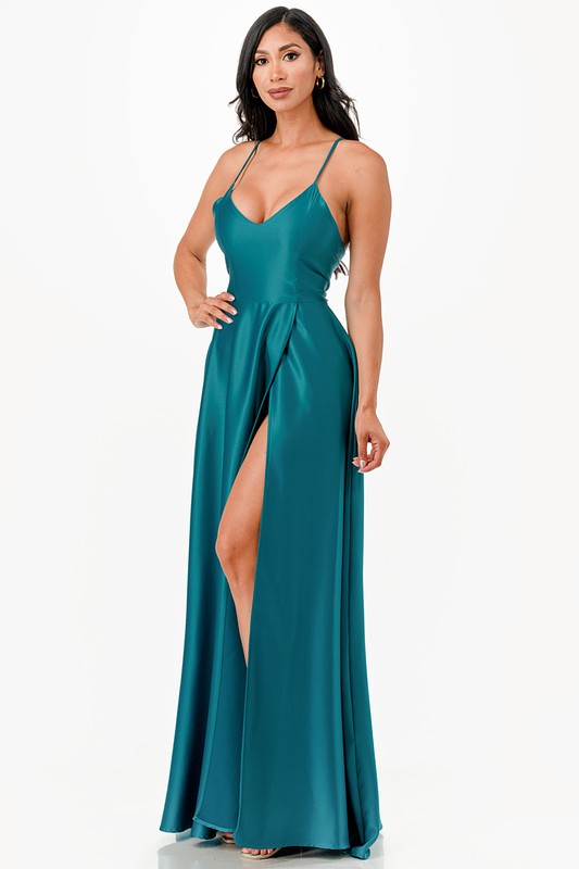 Open Side Back Spaghetti Zig Zag Tie Satin Gown - HOUSE OF SHE