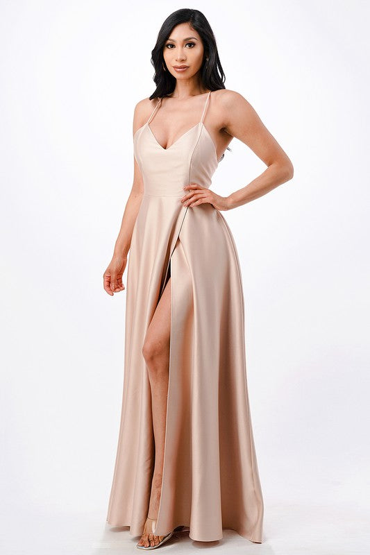 Open Side Back Spaghetti Zig Zag Tie Satin Gown - HOUSE OF SHE