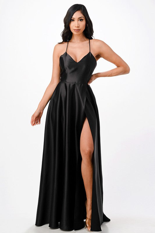Open Side Back Spaghetti Zig Zag Tie Satin Gown - HOUSE OF SHE
