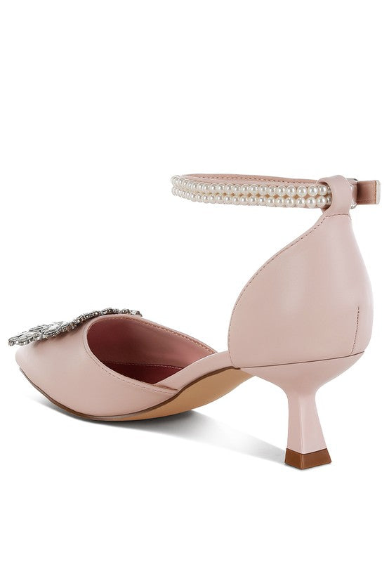 Onkana Diamante Brooch Kitten Heel Sandals - HOUSE OF SHE