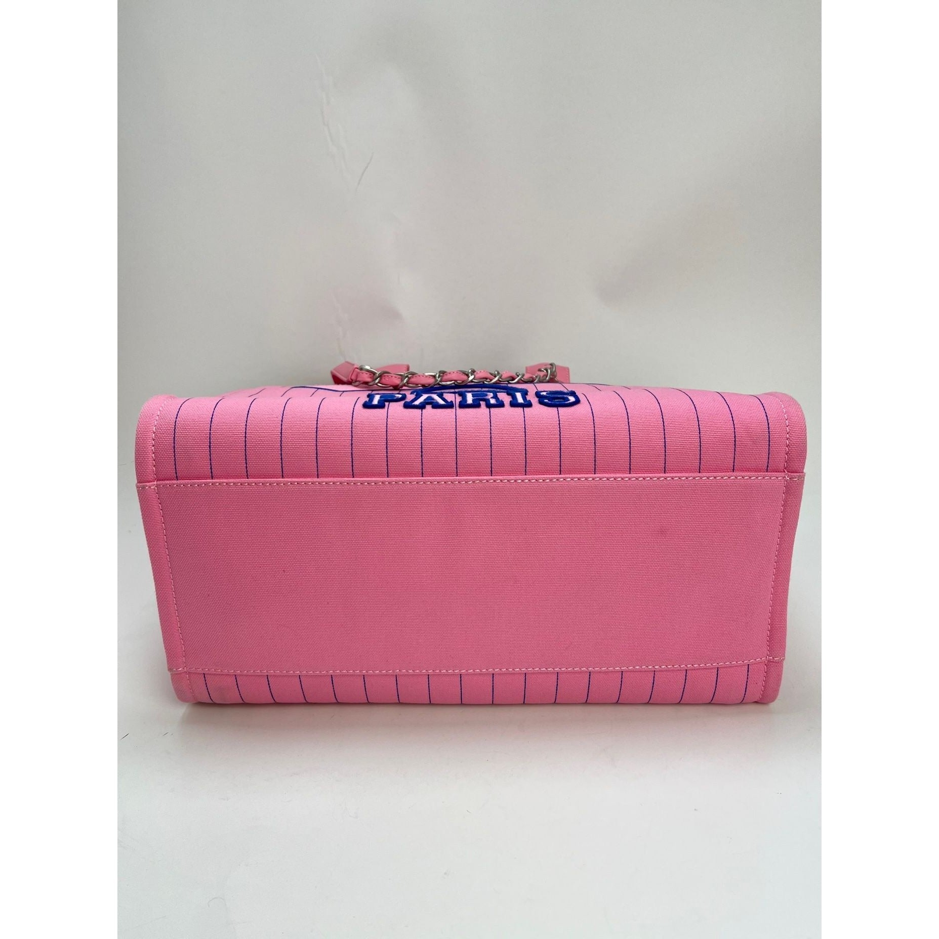 Chanel Canvas Calfskin Striped Medium Deauville Pink Tote - HOUSE OF SHE
