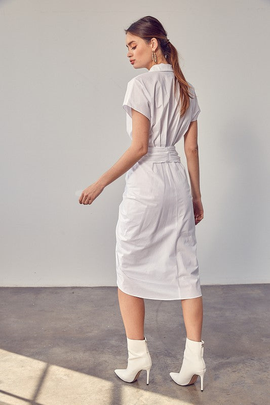 Belise Collar Button Front Tie Dress - HOUSE OF SHE