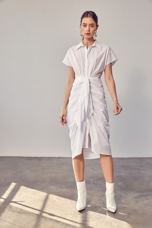 Belise Collar Button Front Tie Dress - HOUSE OF SHE