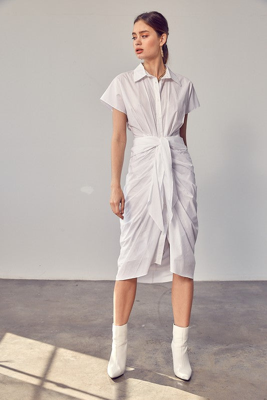 Belise Collar Button Front Tie Dress - HOUSE OF SHE