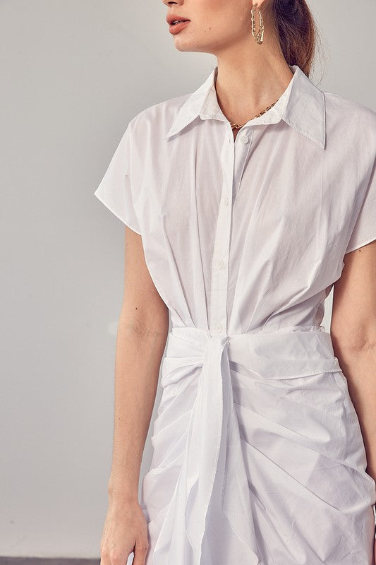 Belise Collar Button Front Tie Dress - HOUSE OF SHE