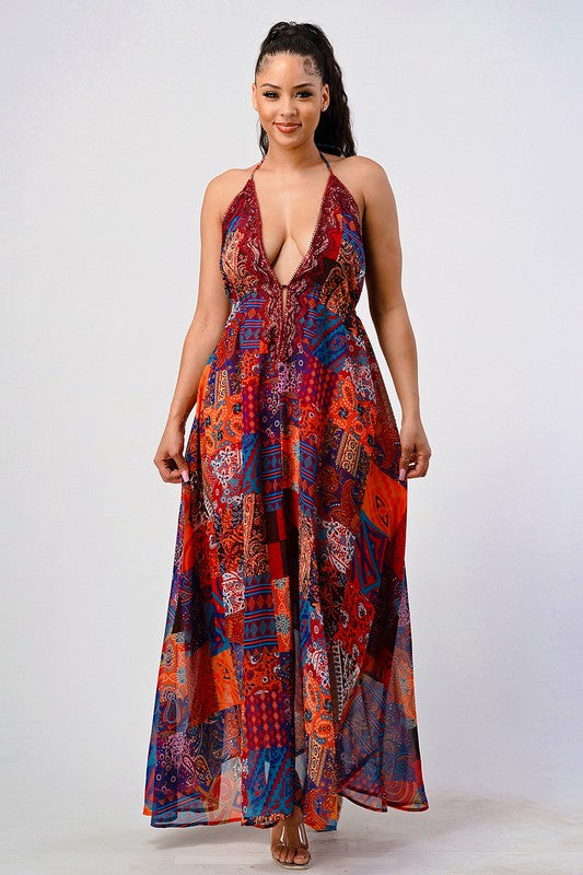 Bohemian Print Sequin Lace Trim Maxi Dress - HOUSE OF SHE