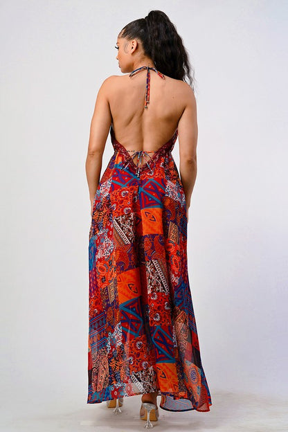 Bohemian Print Sequin Lace Trim Maxi Dress