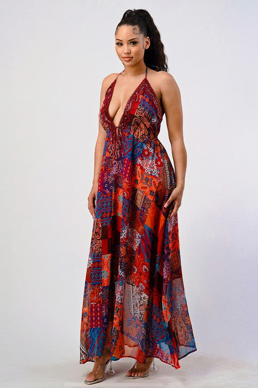 Bohemian Print Sequin Lace Trim Maxi Dress - HOUSE OF SHE