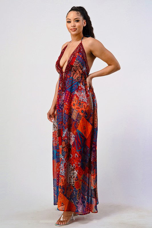 Bohemian Print Sequin Lace Trim Maxi Dress - HOUSE OF SHE