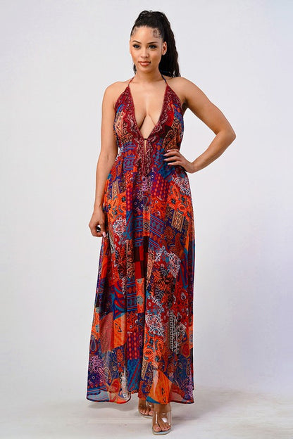 Bohemian Print Sequin Lace Trim Maxi Dress