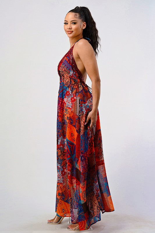 Bohemian Print Sequin Lace Trim Maxi Dress